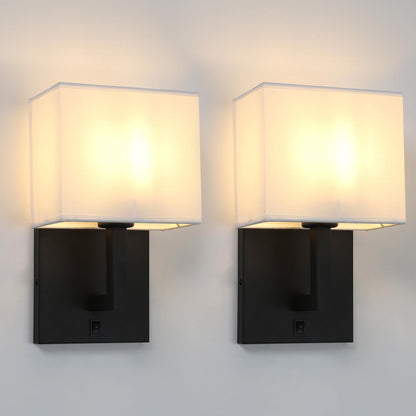 2 Sets of Vintage Modern White Textile Lampshade Wall Light Fittings, Beside LED Wall Lamp with Wall Switched (Black)