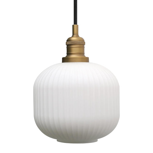 Modern Milk White Pendant Light Striped Round Glass, Brushed Gold Brass Hanging Lamp with Adjustable Textile Cord Decor