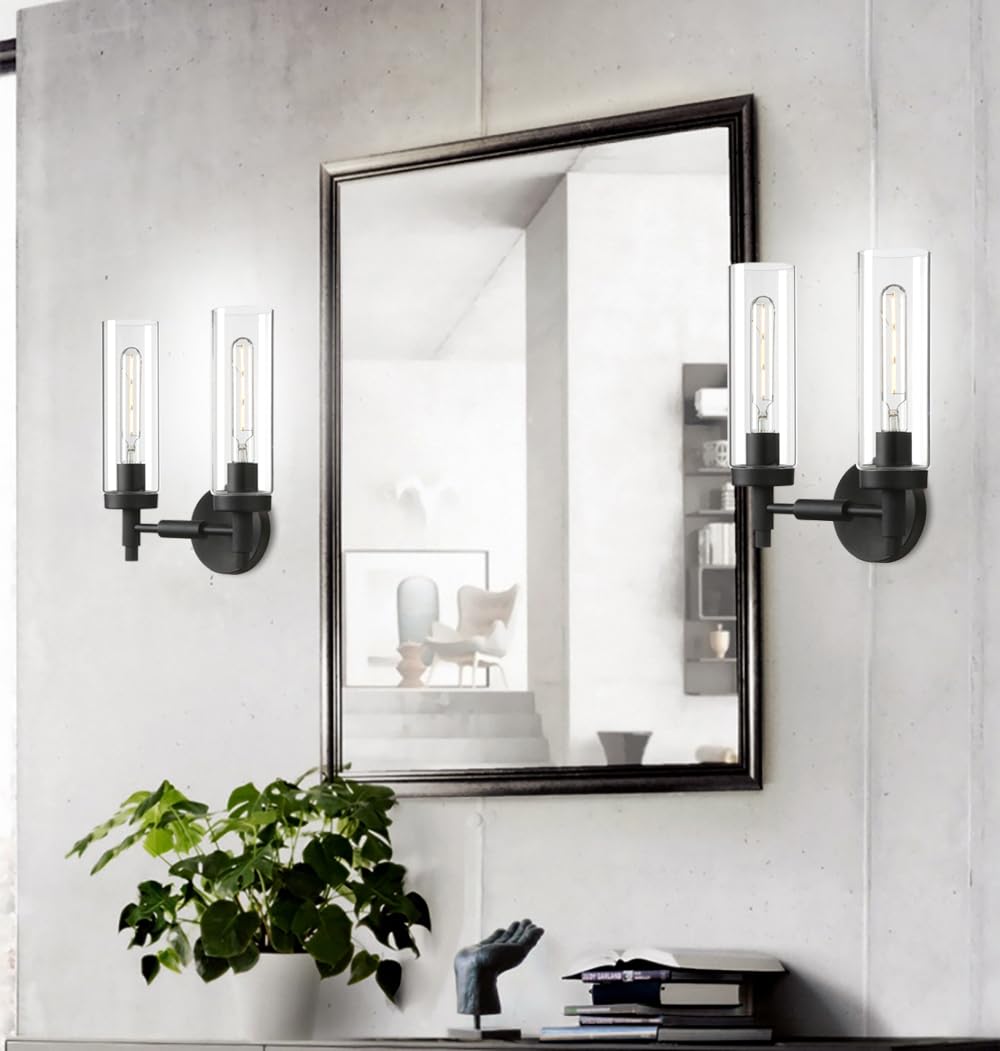 Rustic Industrial Wall Sconce Light with Tubular Clear Glass Lampshade (Black)