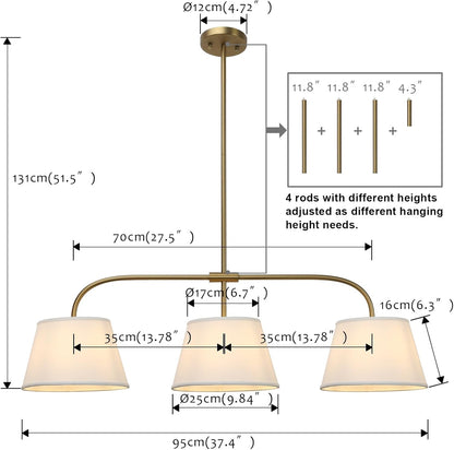 3 Lights Brass Pendant Light with Fabric Lampshades, Rustic Cloth Pendant Lighting Lamp
