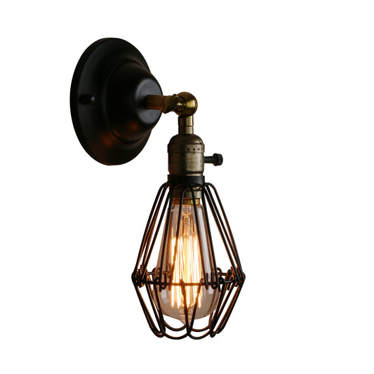 Vintage Retro Antique Opening and Closing Dark Rusty Brown Wire Cage Wall Light Single Sconce