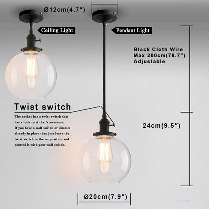 Vintage Industrial Pendant Light with 7.9" Globe Round Glass Shade Modern Lamps