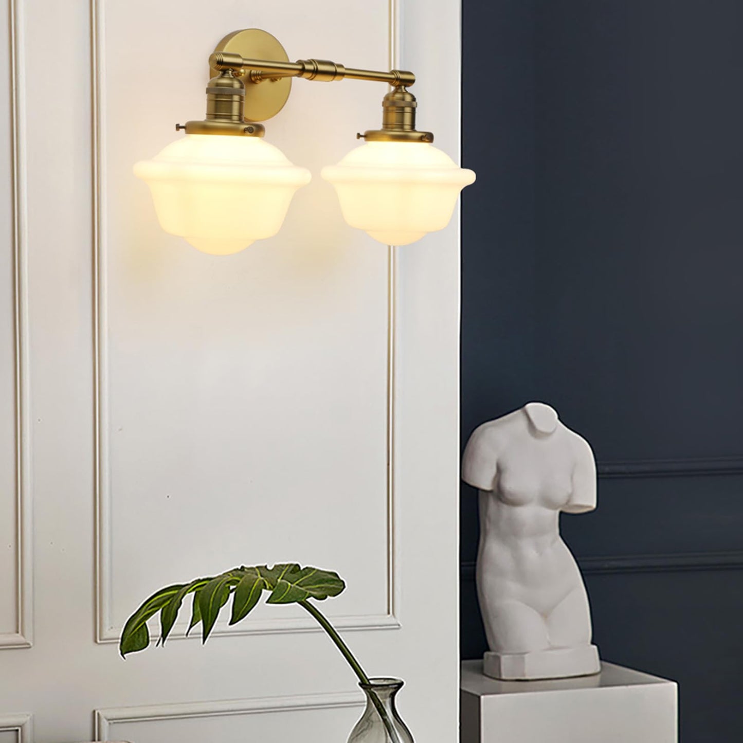 2-Lights Milk White Glass Wall Sconce Lights, Modern Classic Wall Vanity Lighting