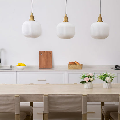 Modern Milk White Pendant Light Striped Round Glass, Brushed Gold Brass Hanging Lamp with Adjustable Textile Cord Decor