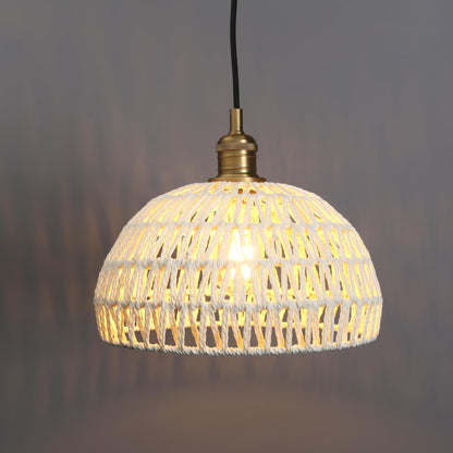 Woven Rattan Pendant Light Fixture Adjustable Textile Cord, Modern Bohemian Hanging Lamp