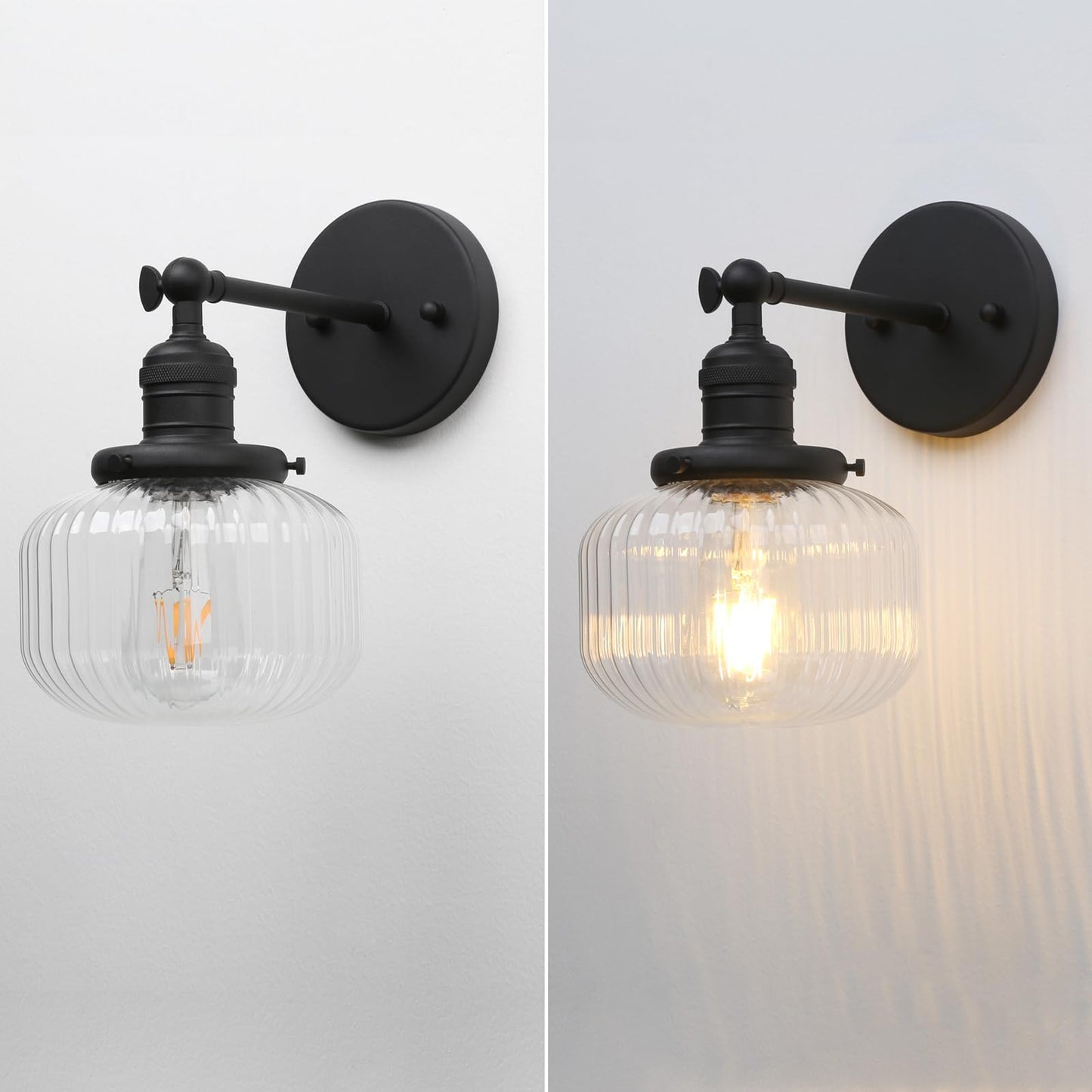 Industrial Vintage Wall Sconce 1-Light with Clear Striped Glass Globe Shade Indoor Wall Mounted Lamp Fixture (Antique)