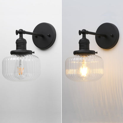 1-Light Industrial Vintage Wall Sconce with Clear Striped Glass Globe Shade