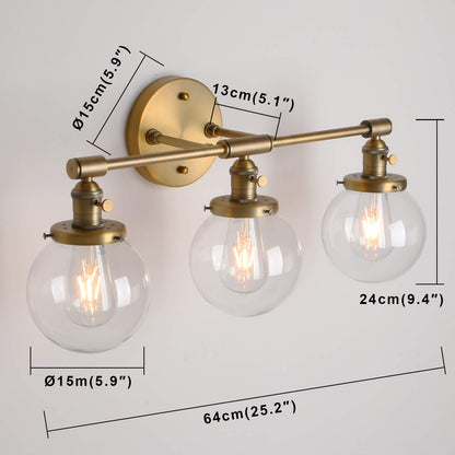 Vintage Industrial Antique Three-Light Wall Sconces with  Mini 5.9" Round Clear Glass Globe Shade