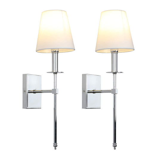 2 Set of Classic Rustic Industrial Wall Sconce Lighting Fixture with Flared White Textile Lamp Shade (Chrome)