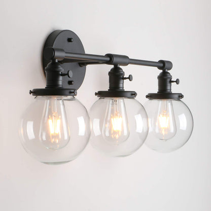 Vintage Industrial Antique Three-Light Wall Sconces with  Mini 5.9" Round Clear Glass Globe Shade