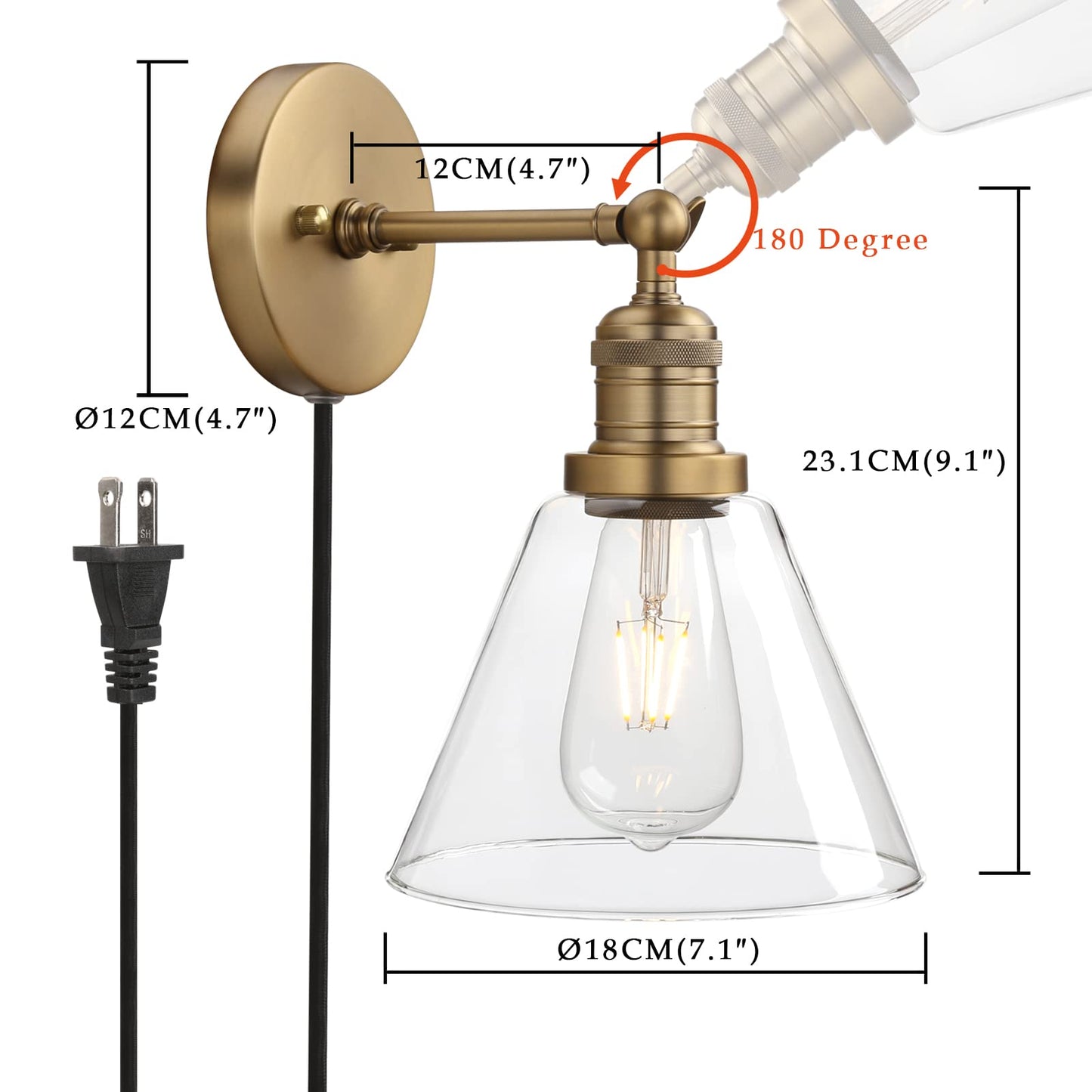 Industrial Wall Sconce Light with 7.1 Inches Cone Glass Lampshade Vanity Style