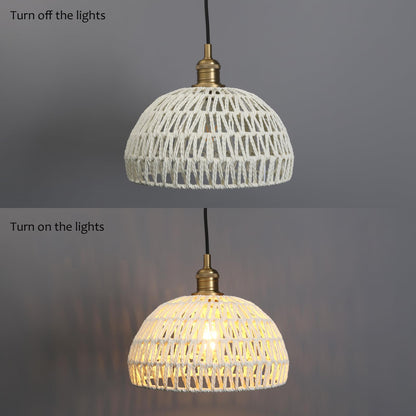 Woven Rattan Pendant Light Fixture Adjustable Textile Cord, Modern Bohemian Hanging Lamp