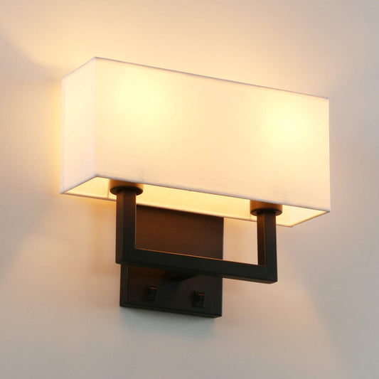 2-Light Wall Sconce Light Fixture Nickle Brushed Finish with White Textile Shades and On/Off Switch Button (Black)