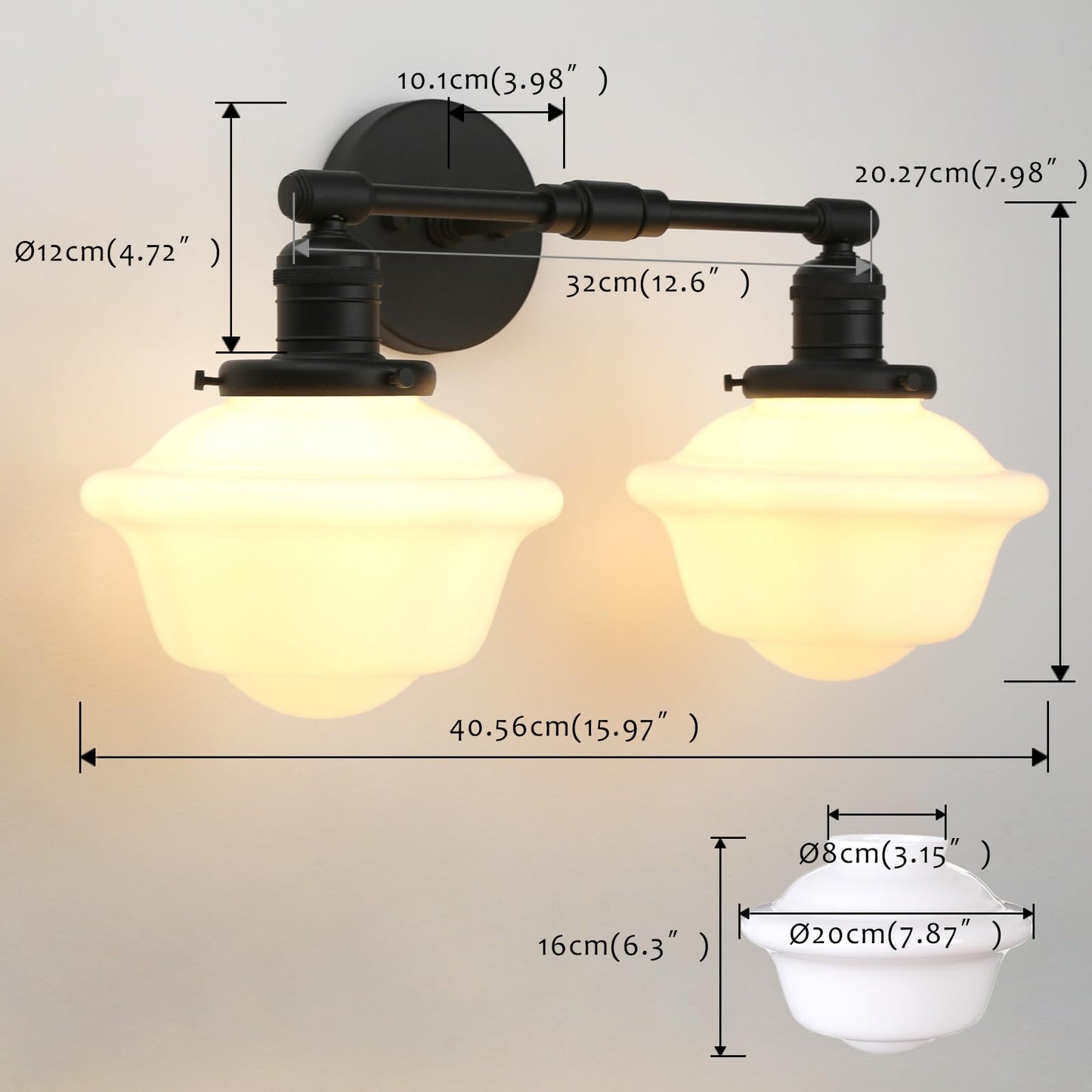 2-Lights Milk White Glass Wall Sconce Lights, Modern Classic Wall Vanity Lighting