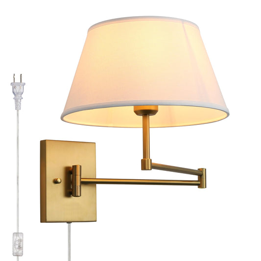 Vintage Plug-in Cord Wall Sconce with White Fabric Shade, Indoor Swing Arm Wall Mounted Lamp