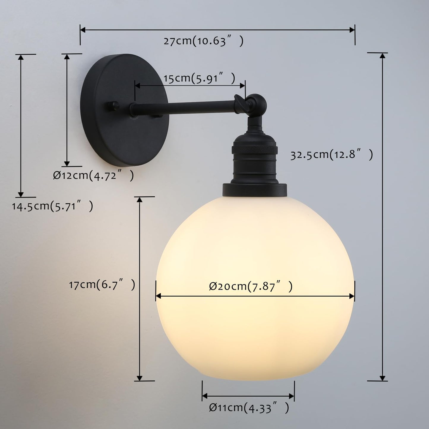 Modern Wall Sconce Lighting with 7.9" Milk White Round Globe, Frosted Glass Hardwired Vintage Vanity