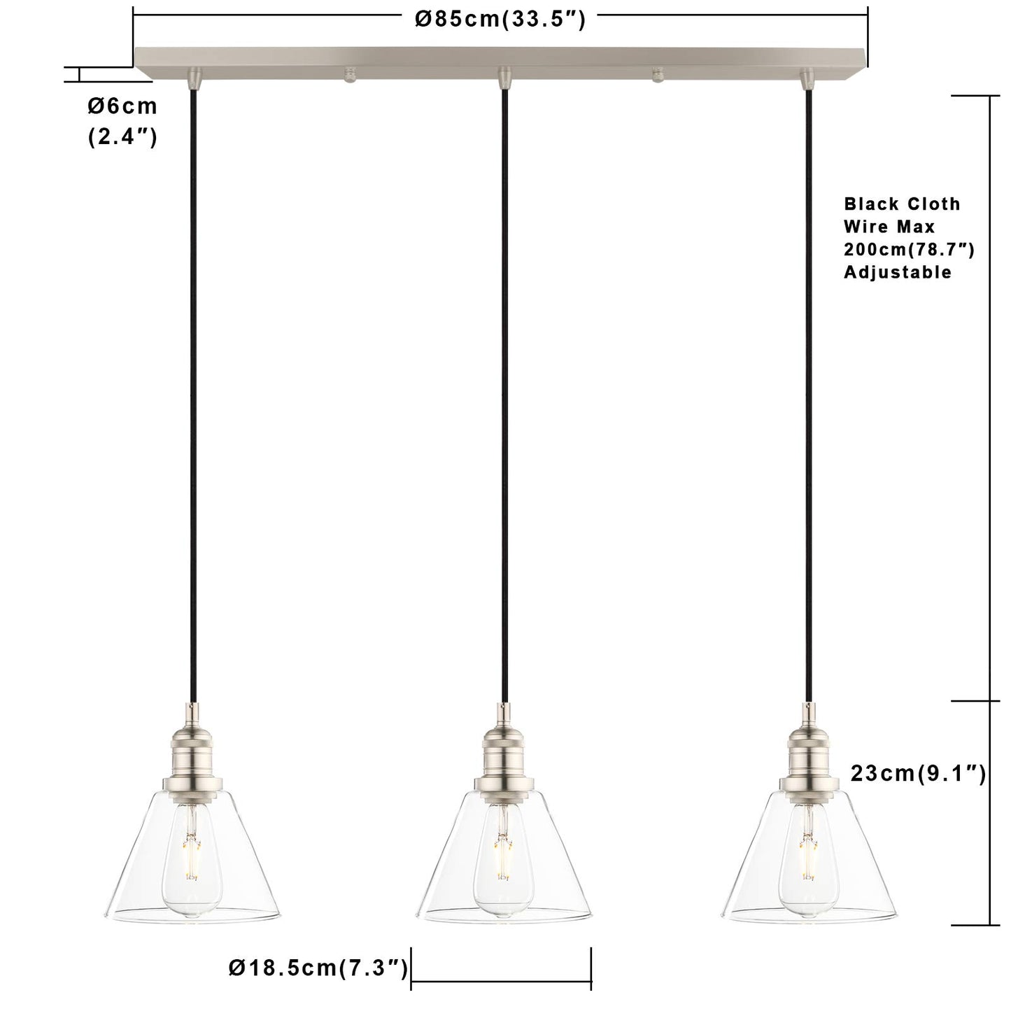 Industrial 3-Light Pendant Light, Adjustable with Clear Glass Shade