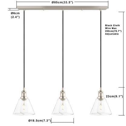 Industrial 3-Light Pendant Light, Adjustable with Clear Glass Shade