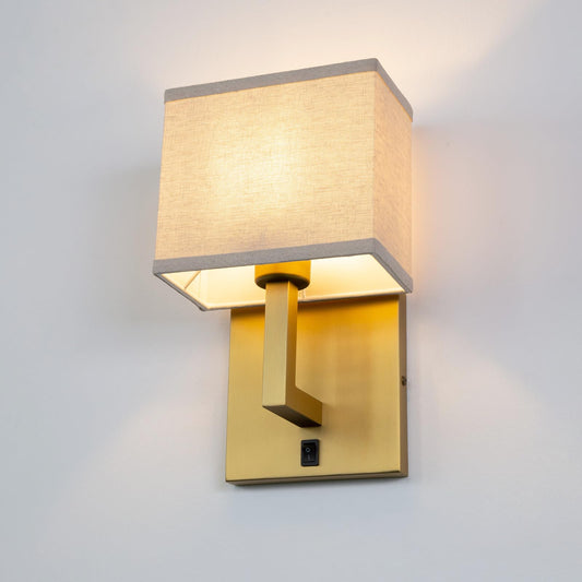 Linen Fabric Wall Sconce with On Off Switch, Bedside Vanity Brass Modern Retro Vintage Industrial with Square Shade