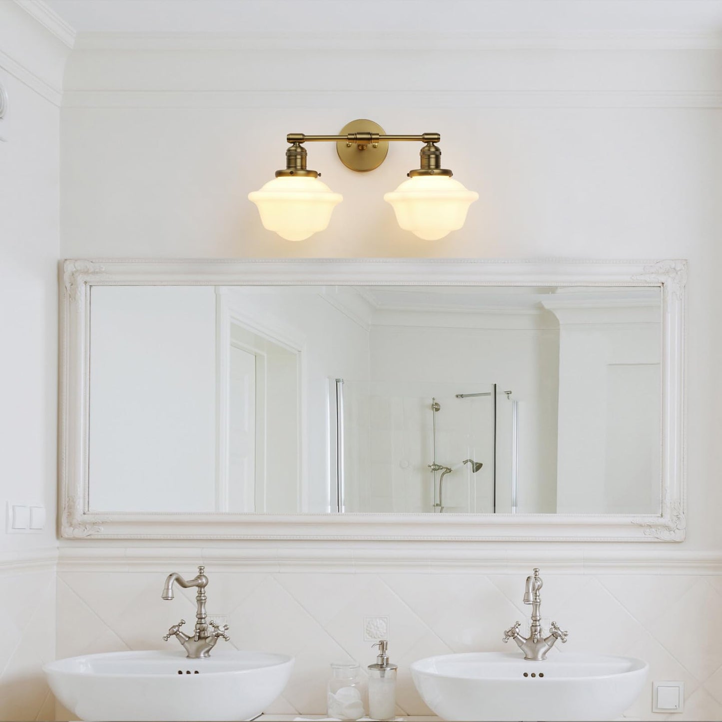 2-Lights Milk White Glass Wall Sconce Lights, Modern Classic Wall Vanity Lighting