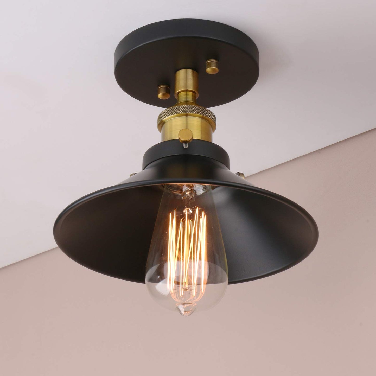 Vintage Ceiling Light, Farmhouse Ceiling Lamp, Matte Black Semi-Flush Mounted Lighting