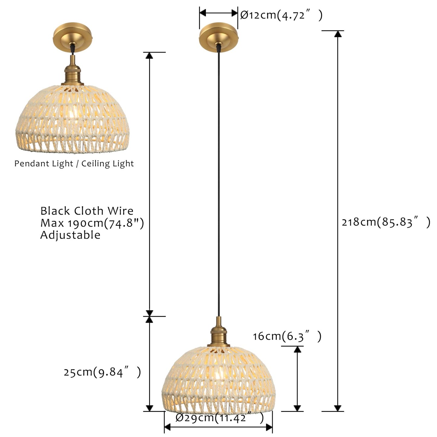 Woven Rattan Pendant Light Fixture Adjustable Textile Cord, Modern Bohemian Hanging Lamp