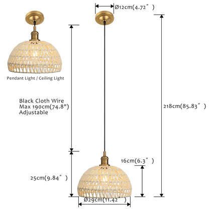 Woven Rattan Pendant Light Fixture Adjustable Textile Cord, Modern Bohemian Hanging Lamp