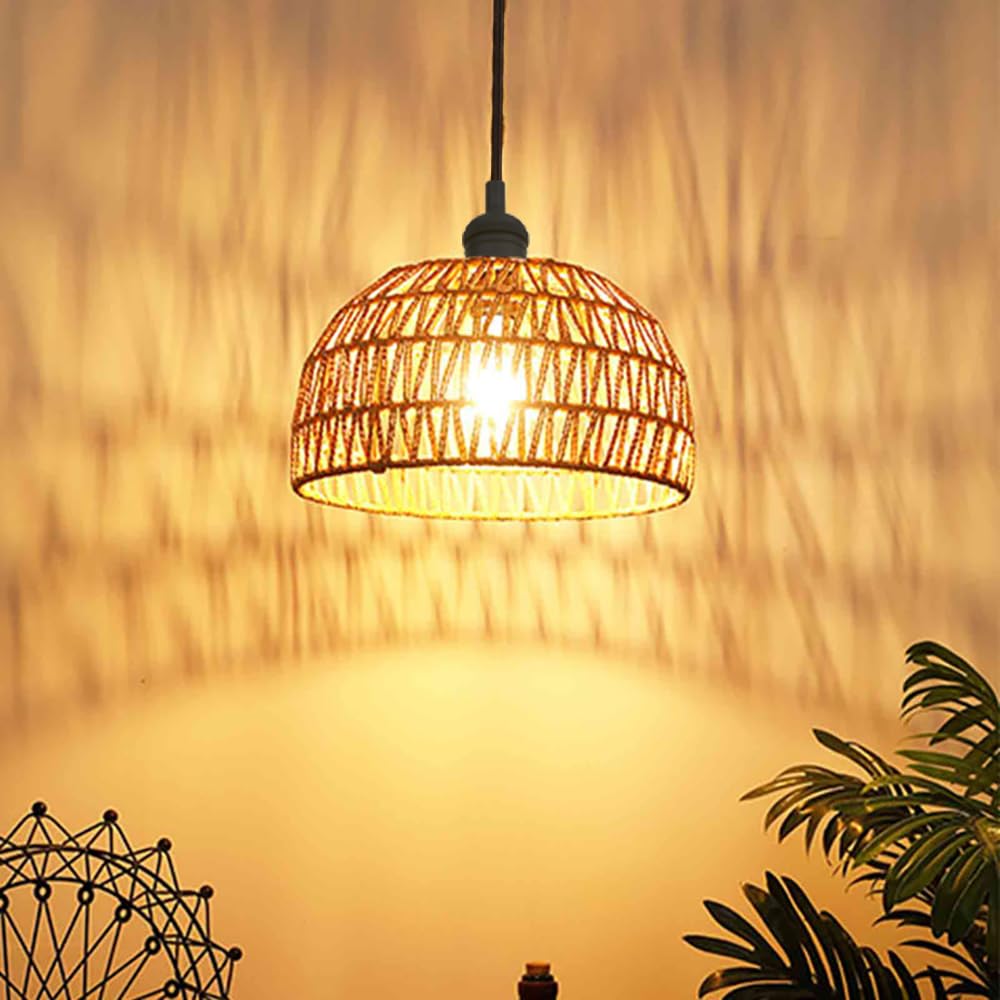 Woven Rattan Pendant Light Fixture Adjustable Textile Cord, Modern Bohemian Hanging Lamp