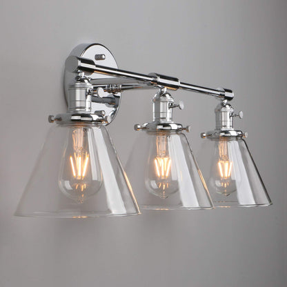 3 Light Sconce Wall Mount Bathroom Light Fixture with 7.3 Inches Cone Clear Glass Canopy