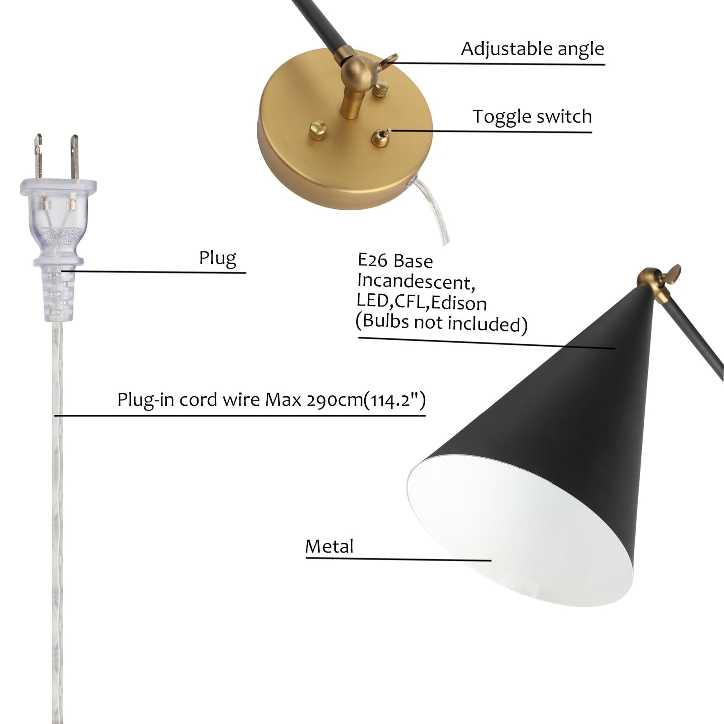 Adjustable Metal Wall Sconce with Toggle Switch and Plug-in Wire, Swing Arm Wall Light