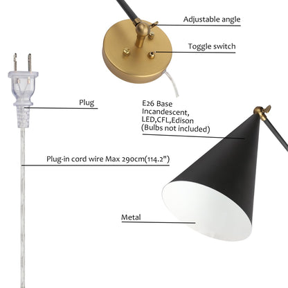 Adjustable Metal Wall Sconce with Toggle Switch and Plug-in Wire, Swing Arm Wall Light