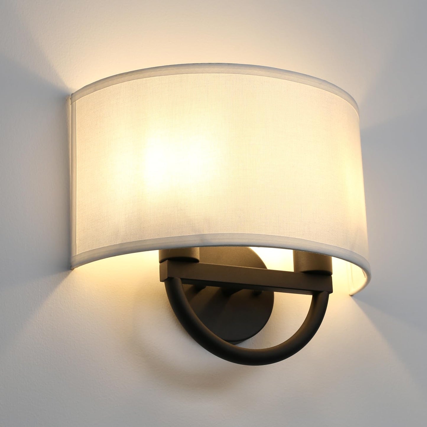 Industrial 2-Lights Wall Sconce Fixture with White Fabric Shade, Double Arm