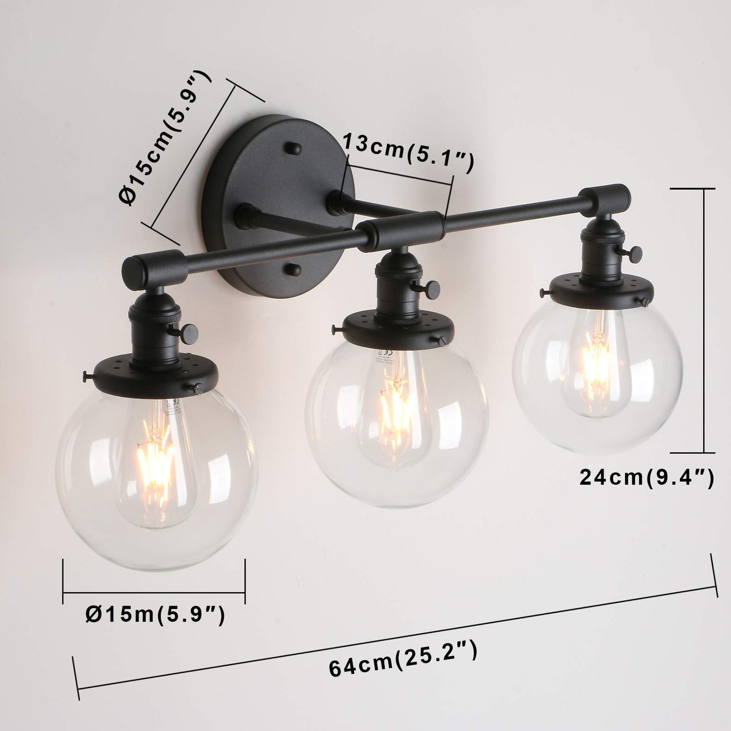 Vintage Industrial Antique Three-Light Wall Sconces with  Mini 5.9" Round Clear Glass Globe Shade