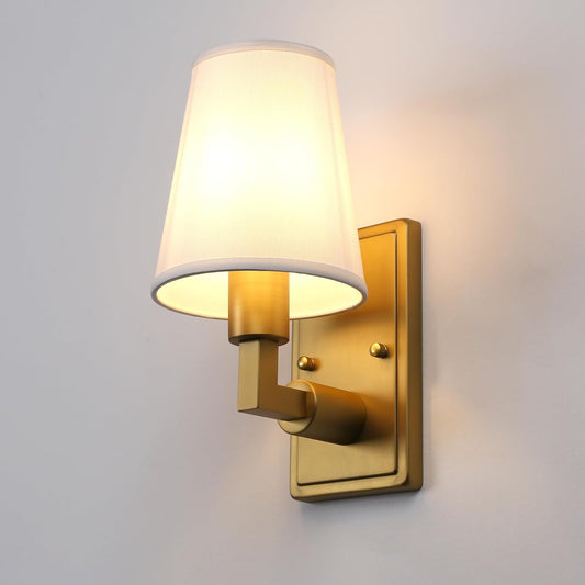 Wall Sconce 1-Light Fixture Antique Finish with White Fabric Shade