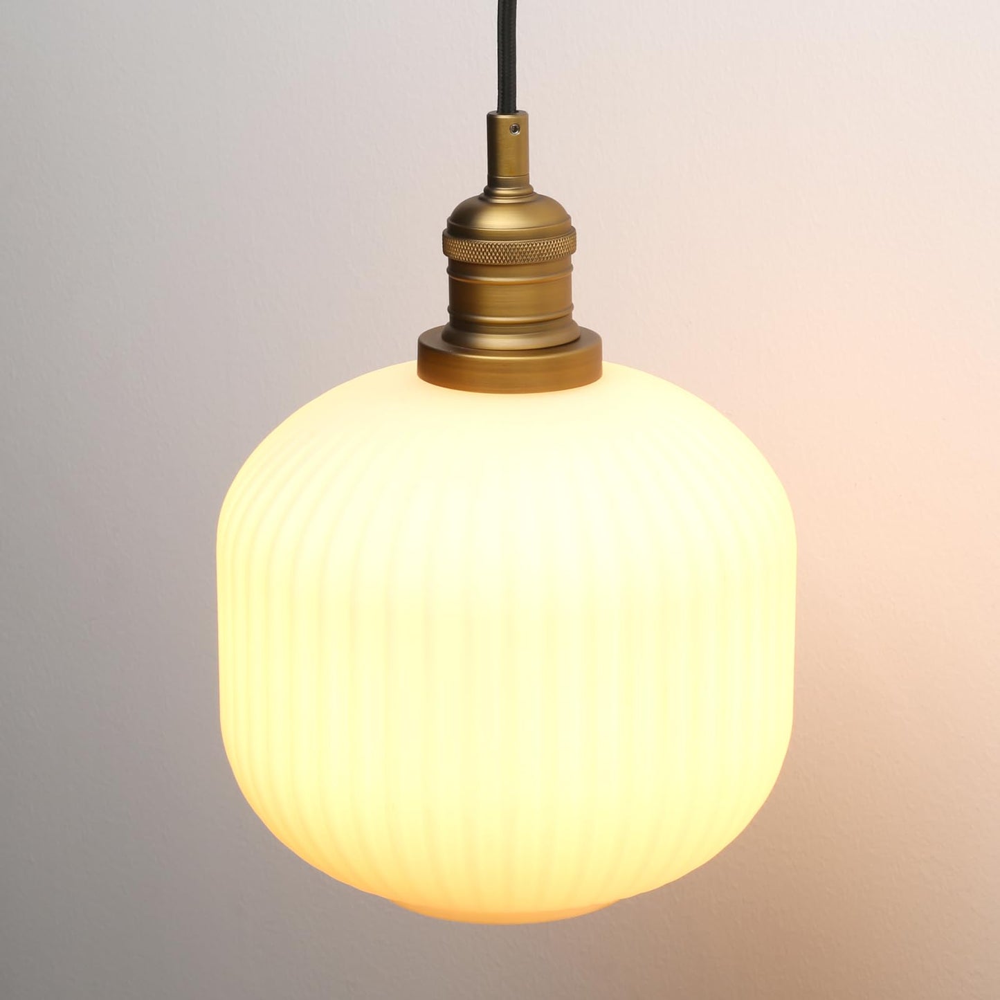 Modern Milk White Pendant Light Striped Round Glass, Brushed Gold Brass Hanging Lamp with Adjustable Textile Cord Decor