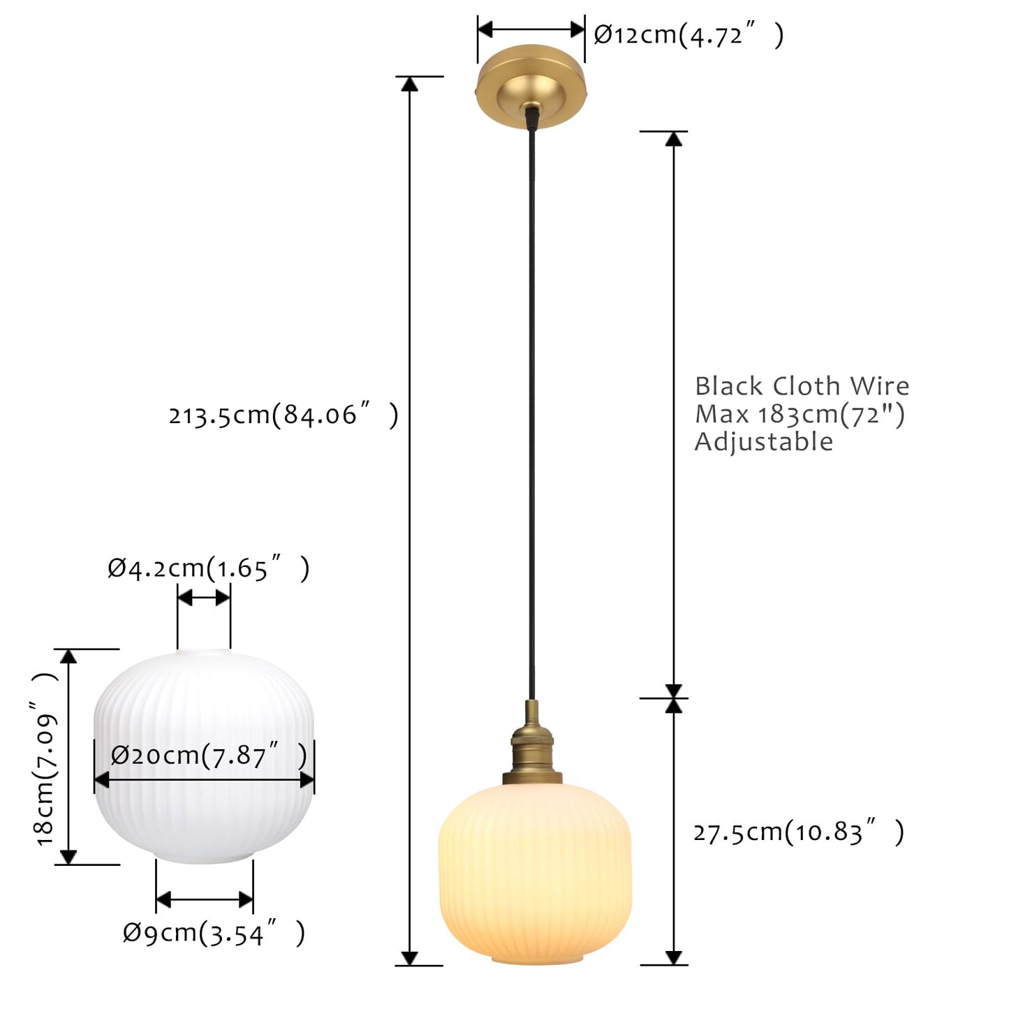 Modern Milk White Pendant Light Striped Round Glass, Brushed Gold Brass Hanging Lamp with Adjustable Textile Cord Decor