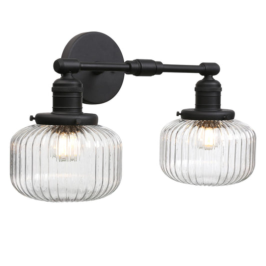 2-Lights Industrial Glass Wall Sconces, Antique Brass Clear Striped Globe Shade Wall Light Fixture