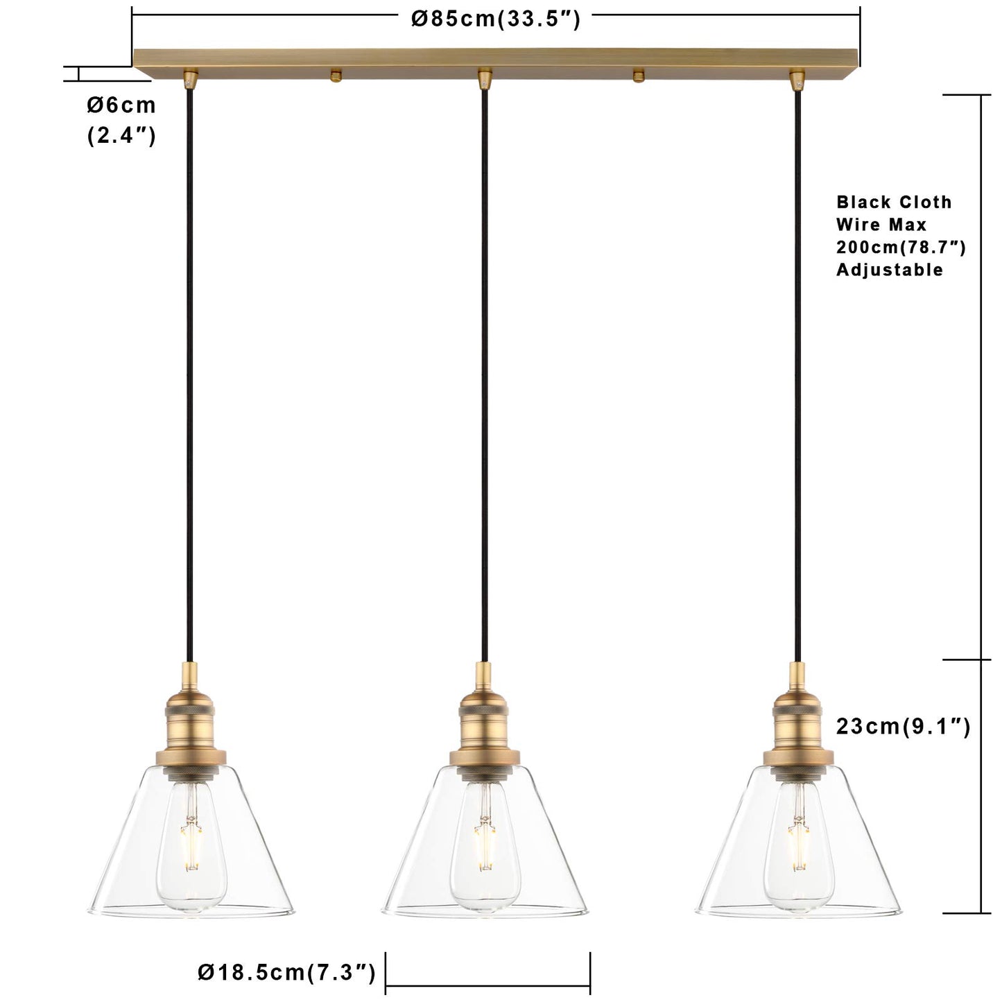 Industrial 3-Light Pendant Light, Adjustable with Clear Glass Shade