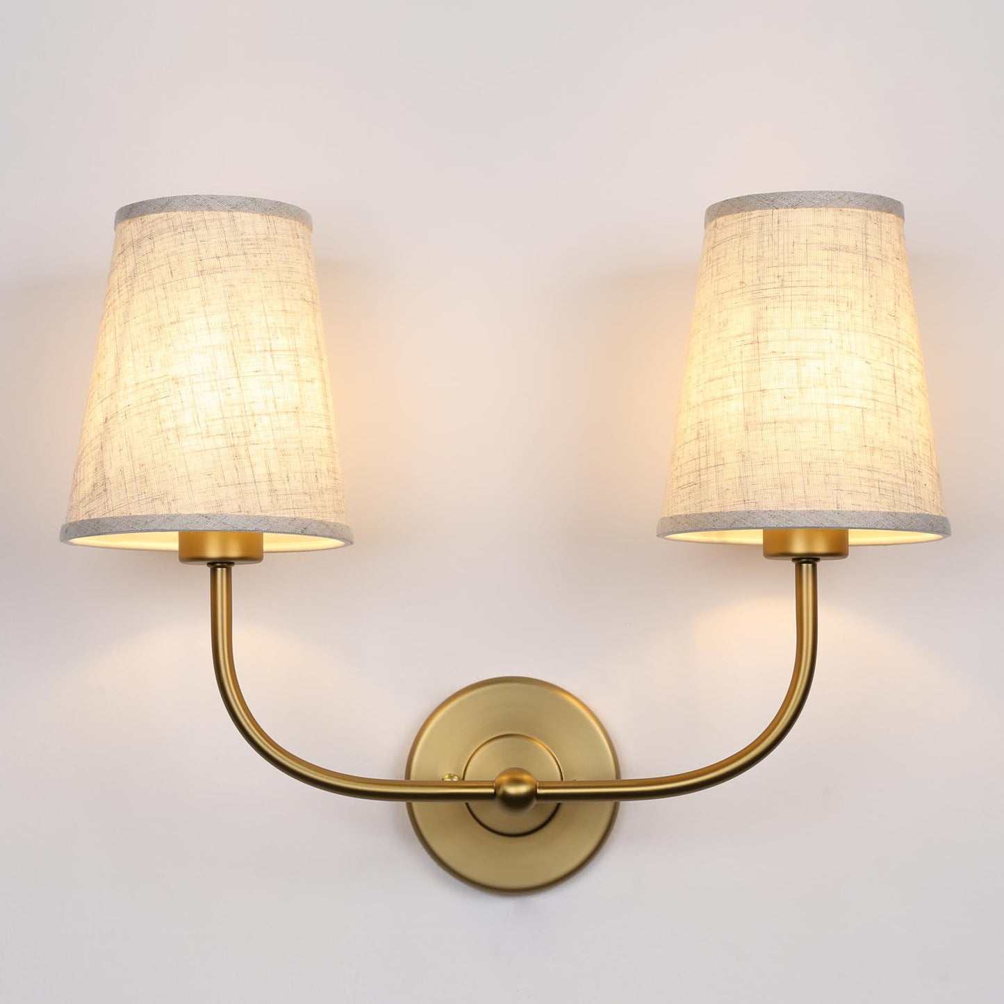 2-Lights Wall Sconces with Funnel Linen Fabric Shades, Double Light Wall Lamps