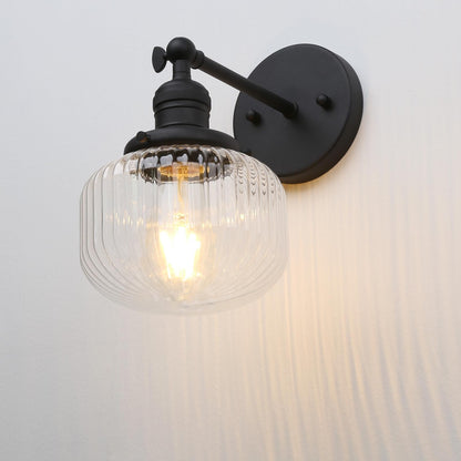 1-Light Industrial Vintage Wall Sconce with Clear Striped Glass Globe Shade