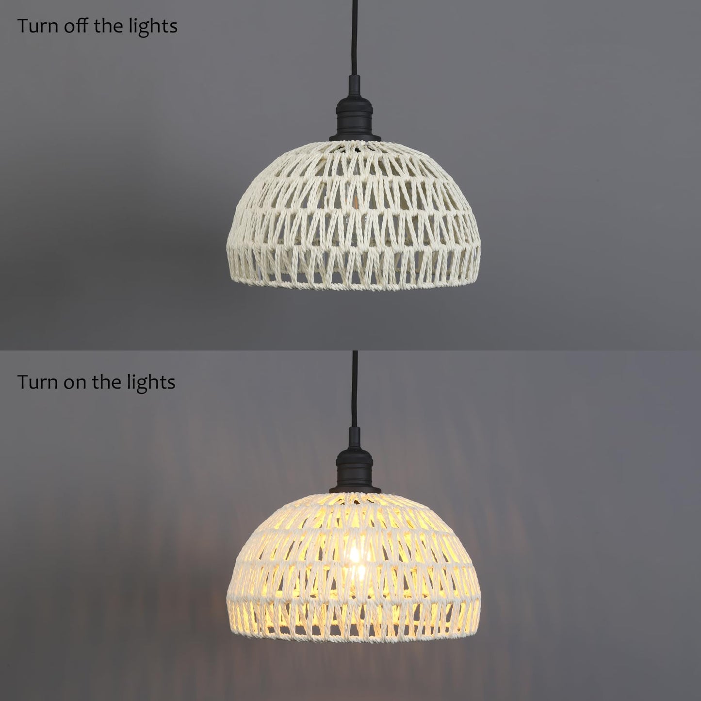 Woven Rattan Pendant Light Fixture Adjustable Textile Cord, Modern Bohemian Hanging Lamp