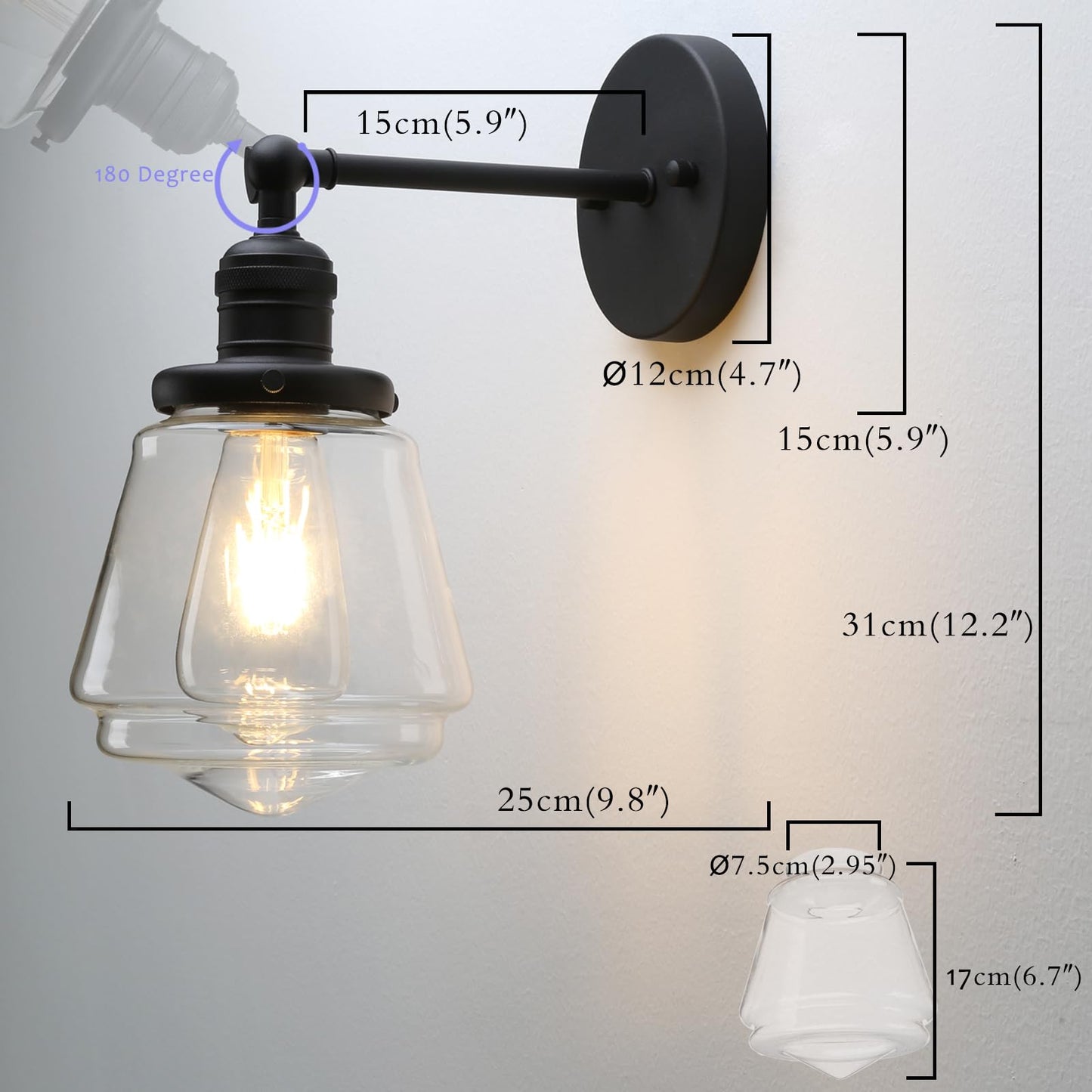 Black Sconce Light Industrial Wall Sconce with Clear Glass