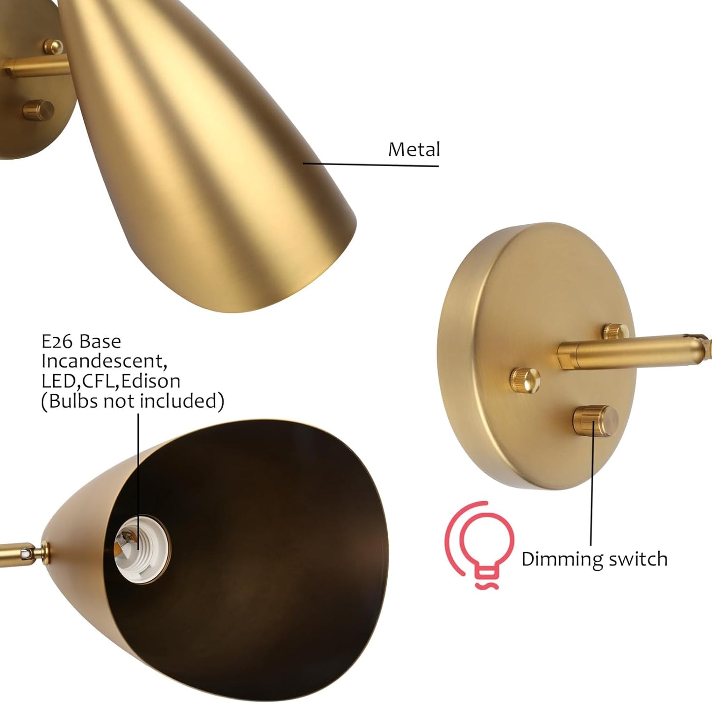 Modern Wall Sconce with Dimmer Switch, Brass Metal Wall Lamp Lighting, Adjustable Light Angle