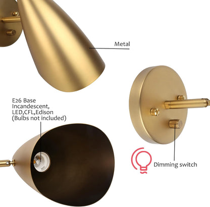 Modern Wall Sconce with Dimmer Switch, Brass Metal Wall Lamp Lighting, Adjustable Light Angle