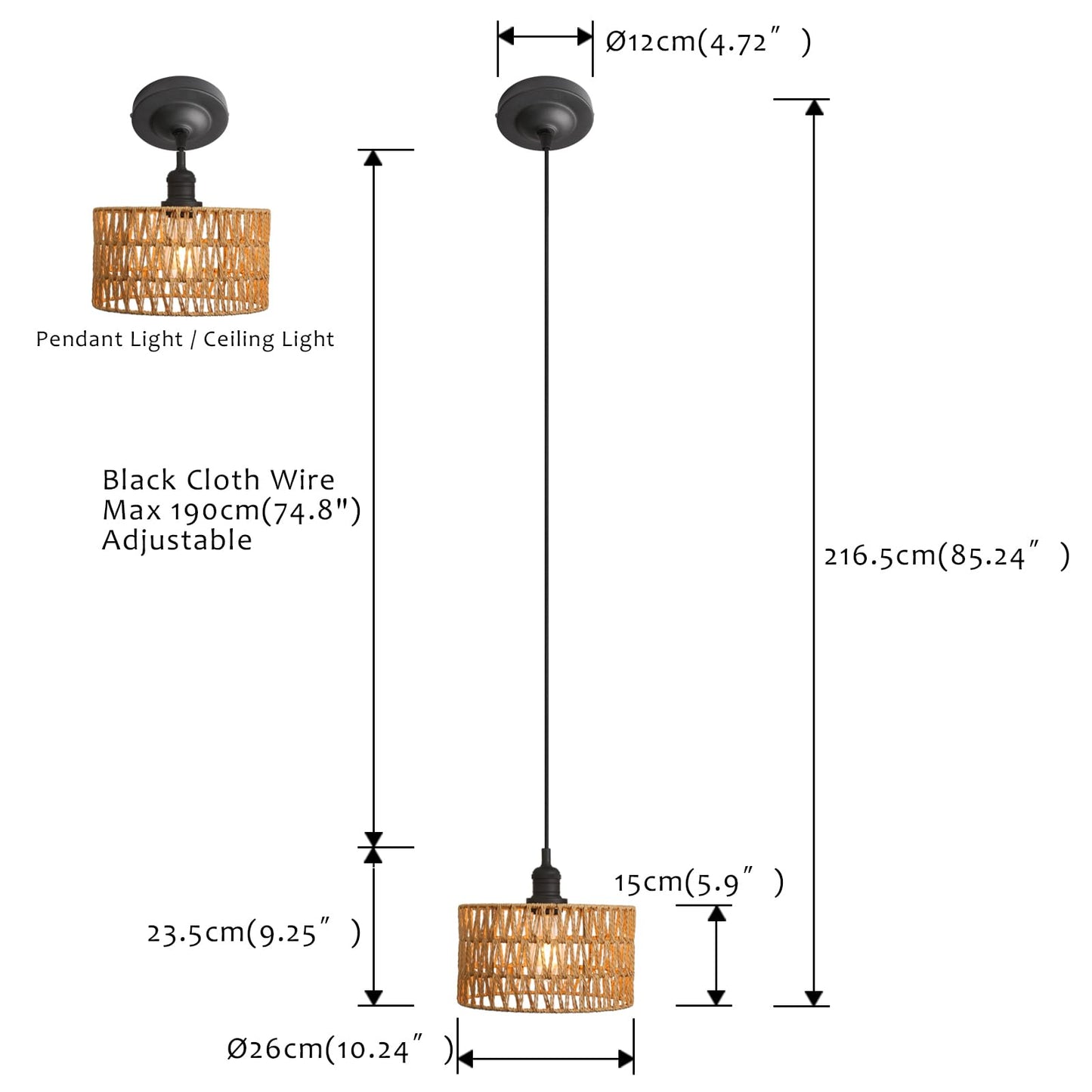 Modern Handwoven Rattan Pendant Light, Adjustable Hanging Light