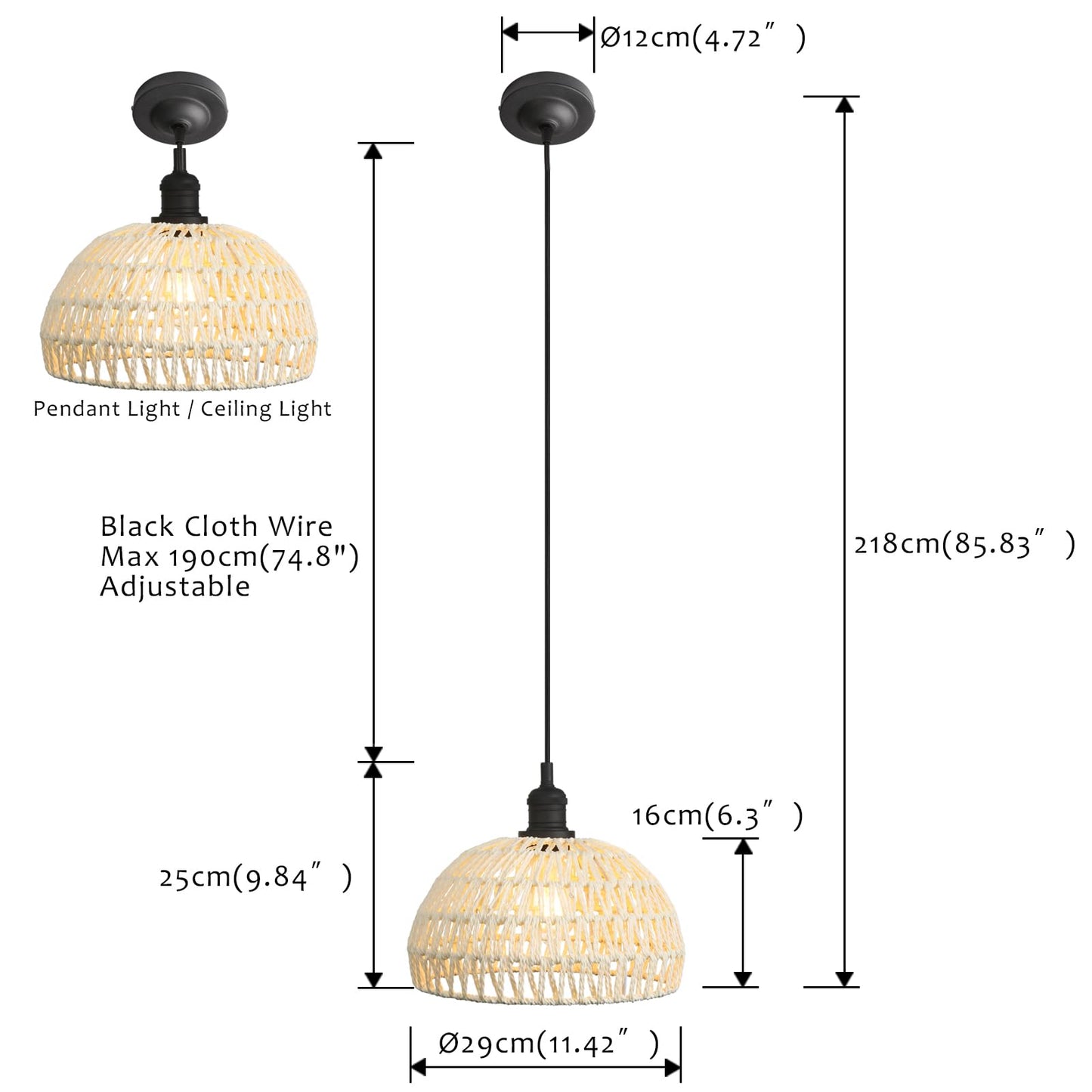 Woven Rattan Pendant Light Fixture Adjustable Textile Cord, Modern Bohemian Hanging Lamp