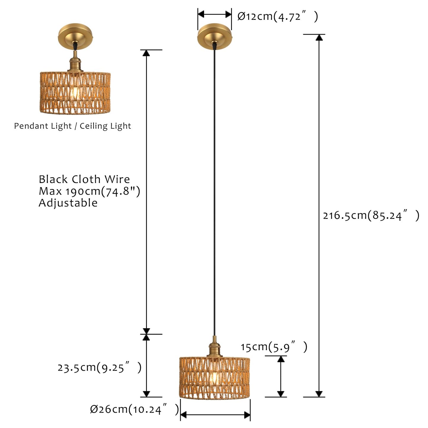 Modern Handwoven Rattan Pendant Light, Adjustable Hanging Light