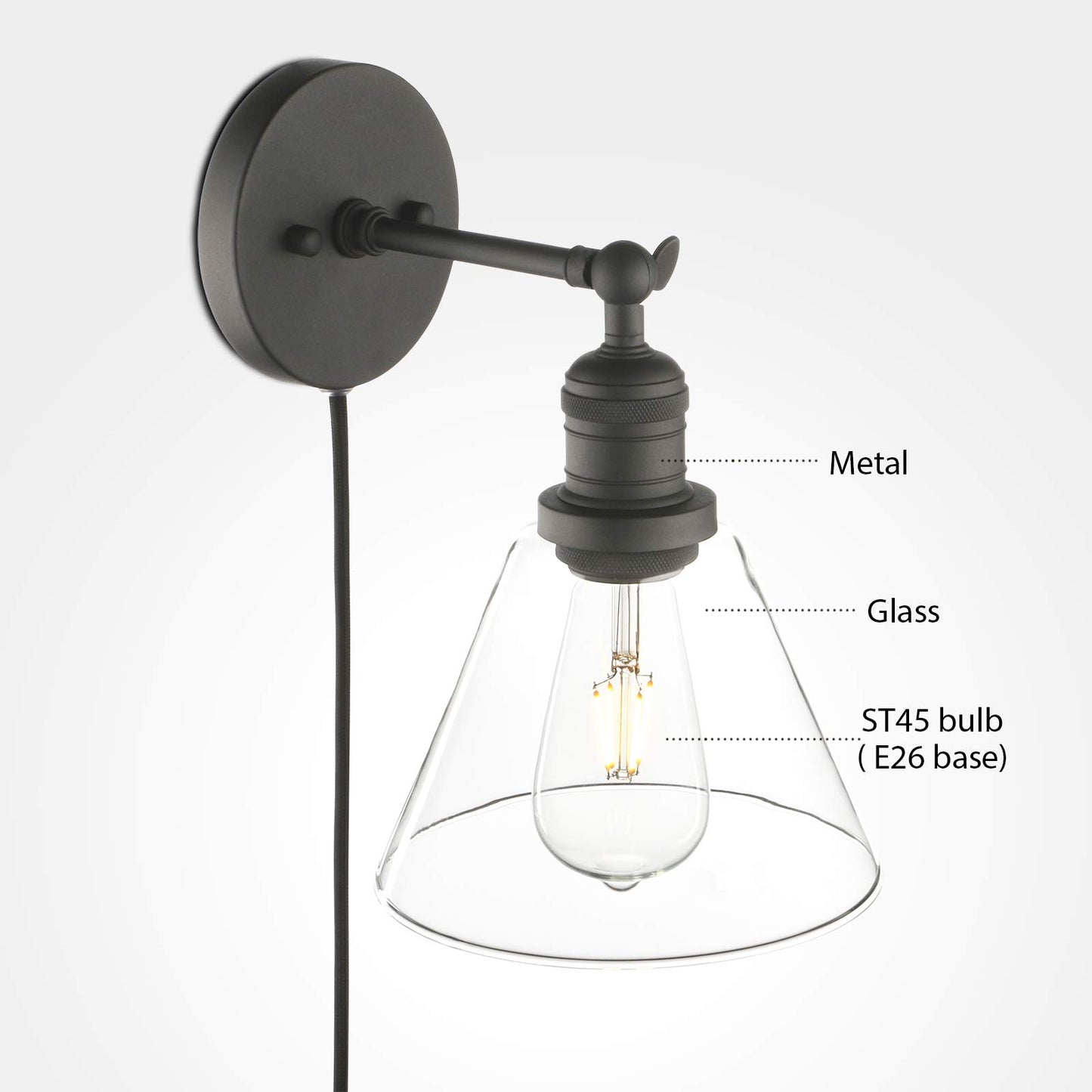 Industrial Wall Sconce Light with 7.1 Inches Cone Glass Lampshade Vanity Style