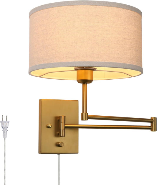 Vintage Fabric Plug-in Cord Wall Sconce,  Antique Brass Linen Textile Sconce Wall Lighting