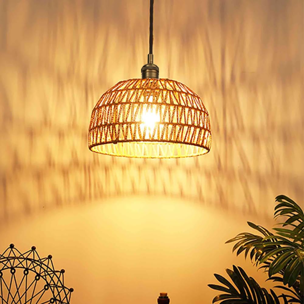 Woven Rattan Pendant Light Fixture Adjustable Textile Cord, Modern Bohemian Hanging Lamp